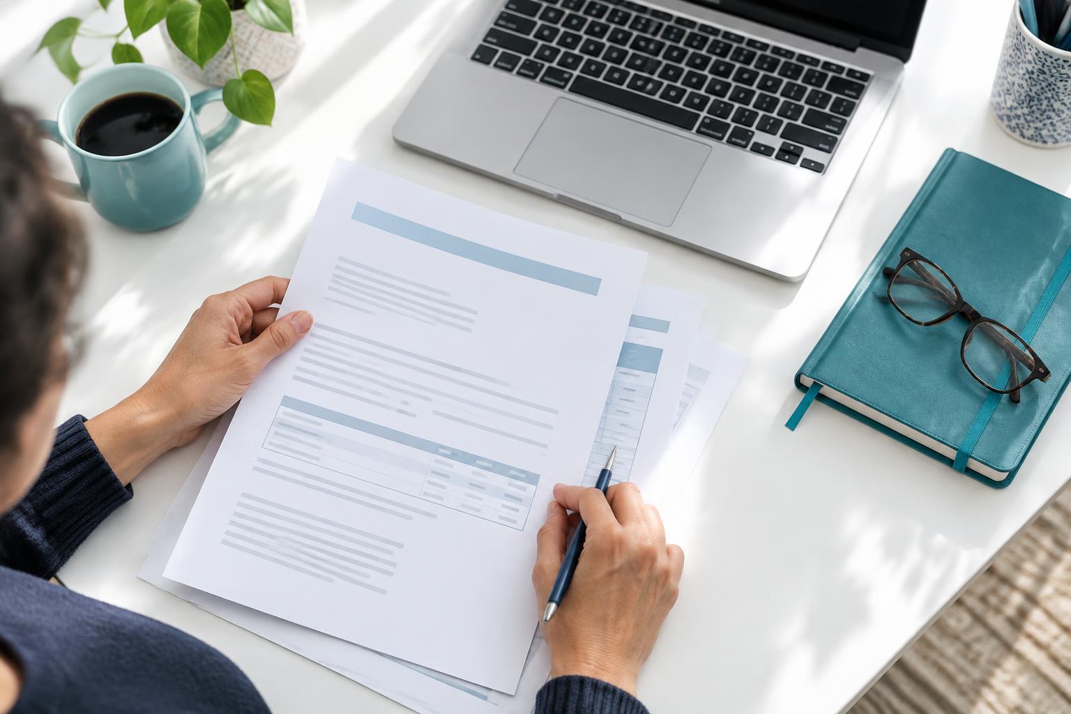 Reviewing recovery paperwork at a home workspace